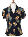 Women's Fitted Hawaiian Shirt Golden Pineapples Navy