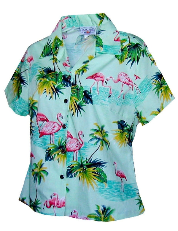 thumbnail image 2 of Women's Pink Flamingo Hawaiian Shirt – Aloha Beach Button-Up Blouse, Printed Tropical 2 of 6