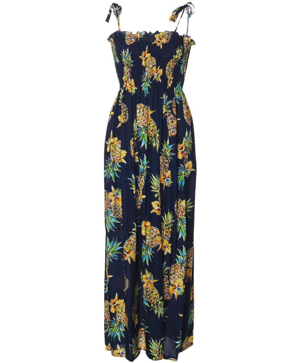 Golden Pineapples Maxi Long Smock Dress Navy / Fits XS to XL (2-16) Golden Pineapples Maxi Long Smock Dress Navy / Fits XS to XL (2-16)
