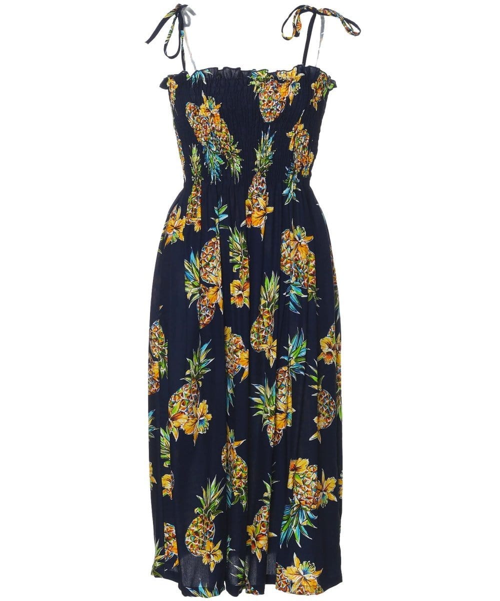 Golden Pineapples Smock Dress Navy / Fits XS to XL (2-16) Golden Pineapples Smock Dress Navy / Fits XS to XL (2-16)