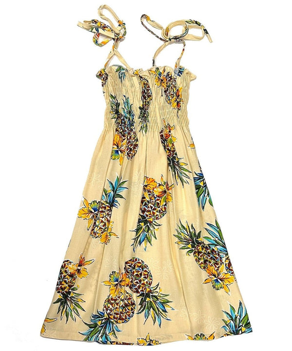 Golden Pineapples Smock Top Hawaiian Dress for Girls Cream