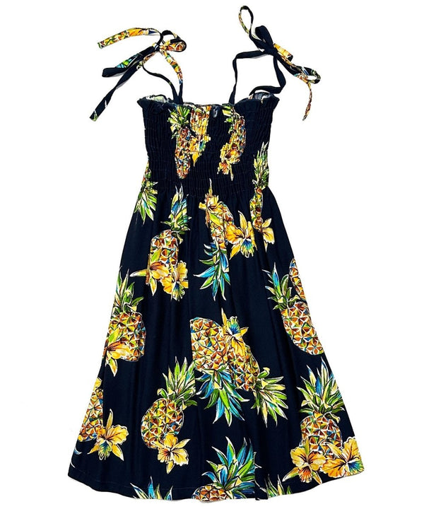 Golden Pineapples Smock Top Hawaiian Dress for Girls Navy