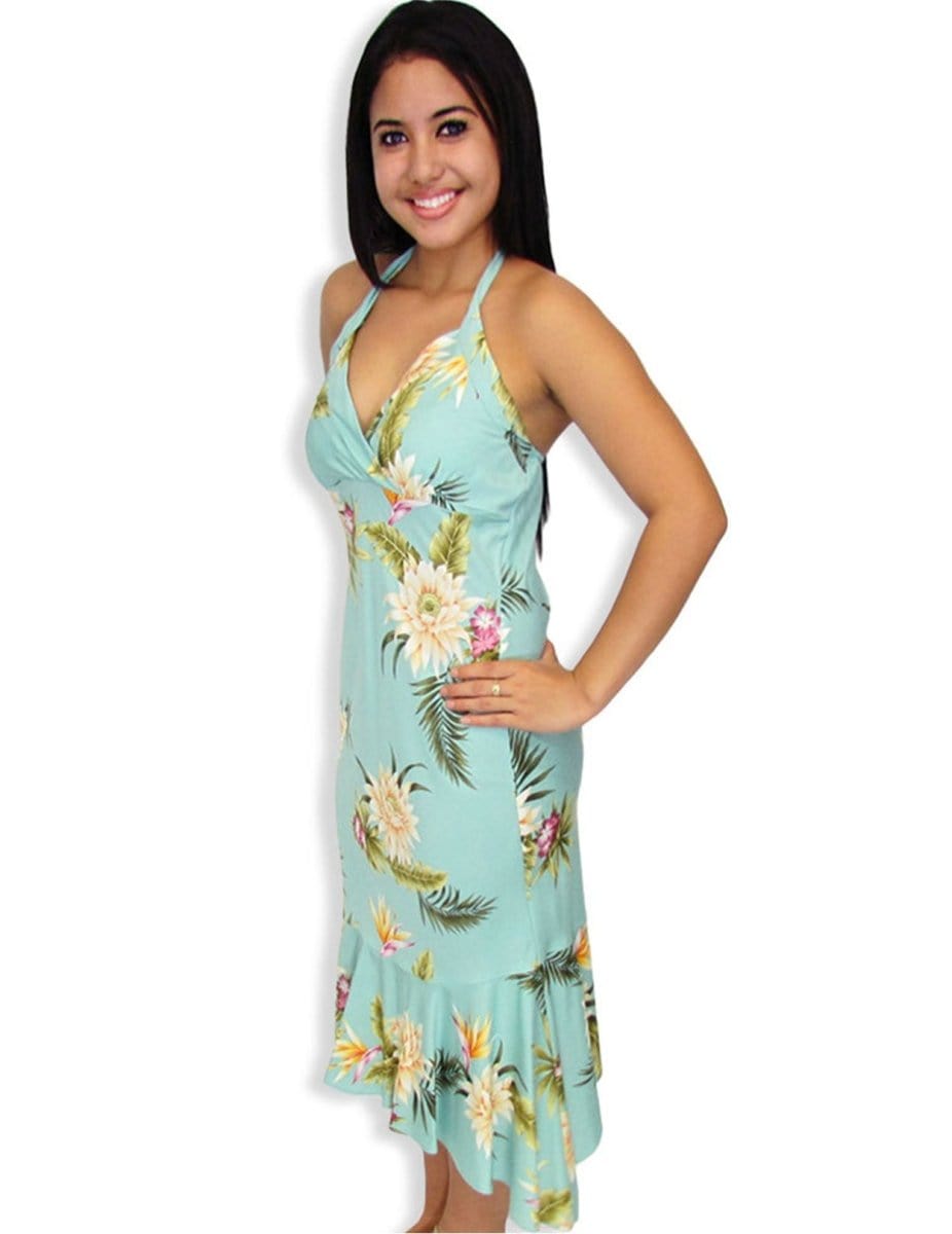 Halter Open Back Hawaiian Dress Tea Length Island Ceres Green / L Halter Open Back Hawaiian Dress Tea Length Island Ceres Green / L