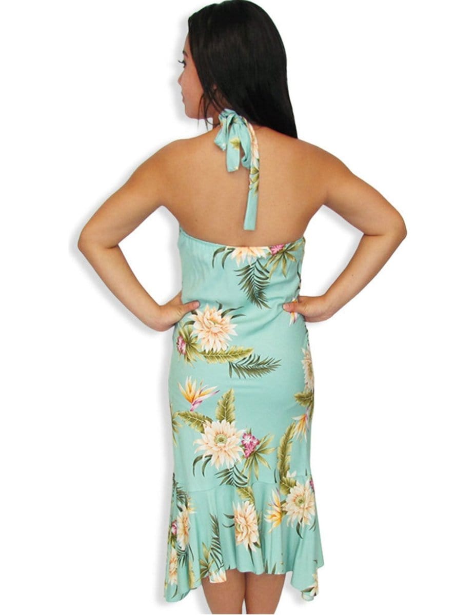 Halter Open Back Hawaiian Dress Tea Length Island Ceres Green / L Halter Open Back Hawaiian Dress Tea Length Island Ceres Green / L