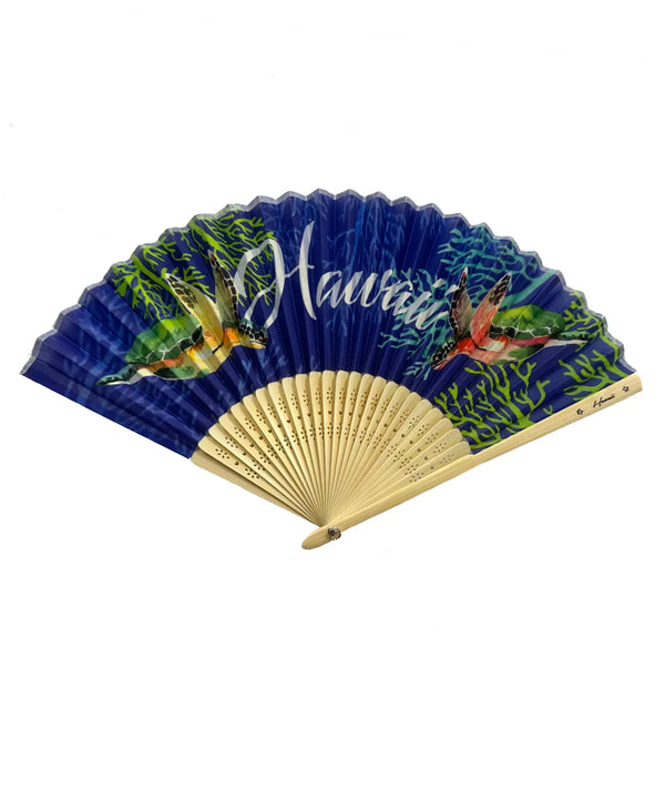 Hawaii Ocean Honu Hand Fan Bamboo and Fabric