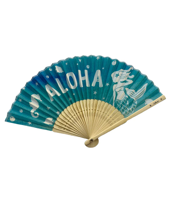 Mermaid Aloha Hand Fan Bamboo and Fabric