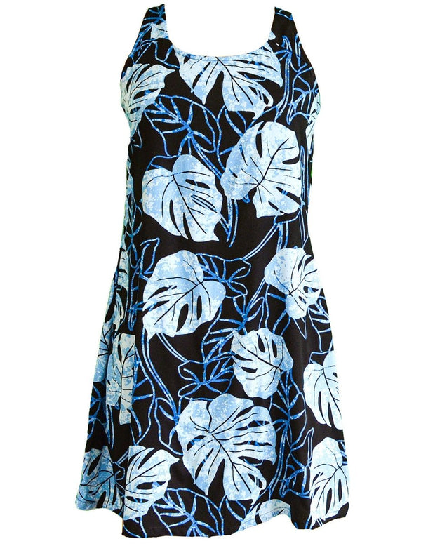 Hawaiian Dress A-Line Back Cutout Tropical Monstera Blue