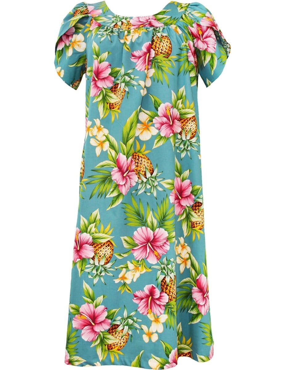Hibiscus Pineapples Valley Pull Over Short Muumuu Dress Slate / M Hibiscus Pineapples Valley Pull Over Short Muumuu Dress Slate / M