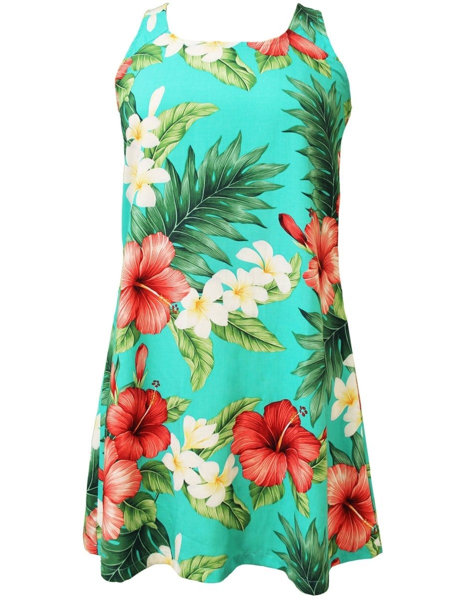 Hibiscus Short Hawaiian A-Line Dress Back Cutout with Tie Aqua / XL