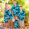Hawaiian clothes for family matching with sunset design in turquoise or blue prints