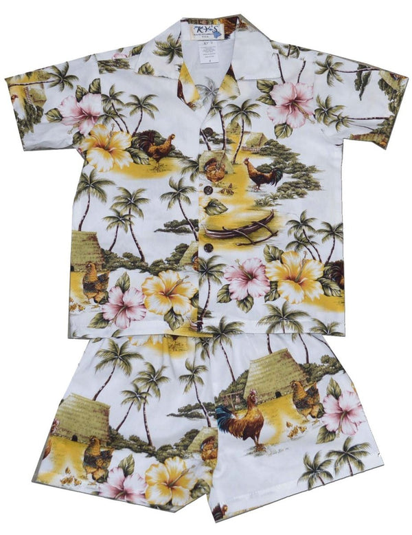 Kauai Roosters Toddler Boys Hawaiian Shirt Set White KY