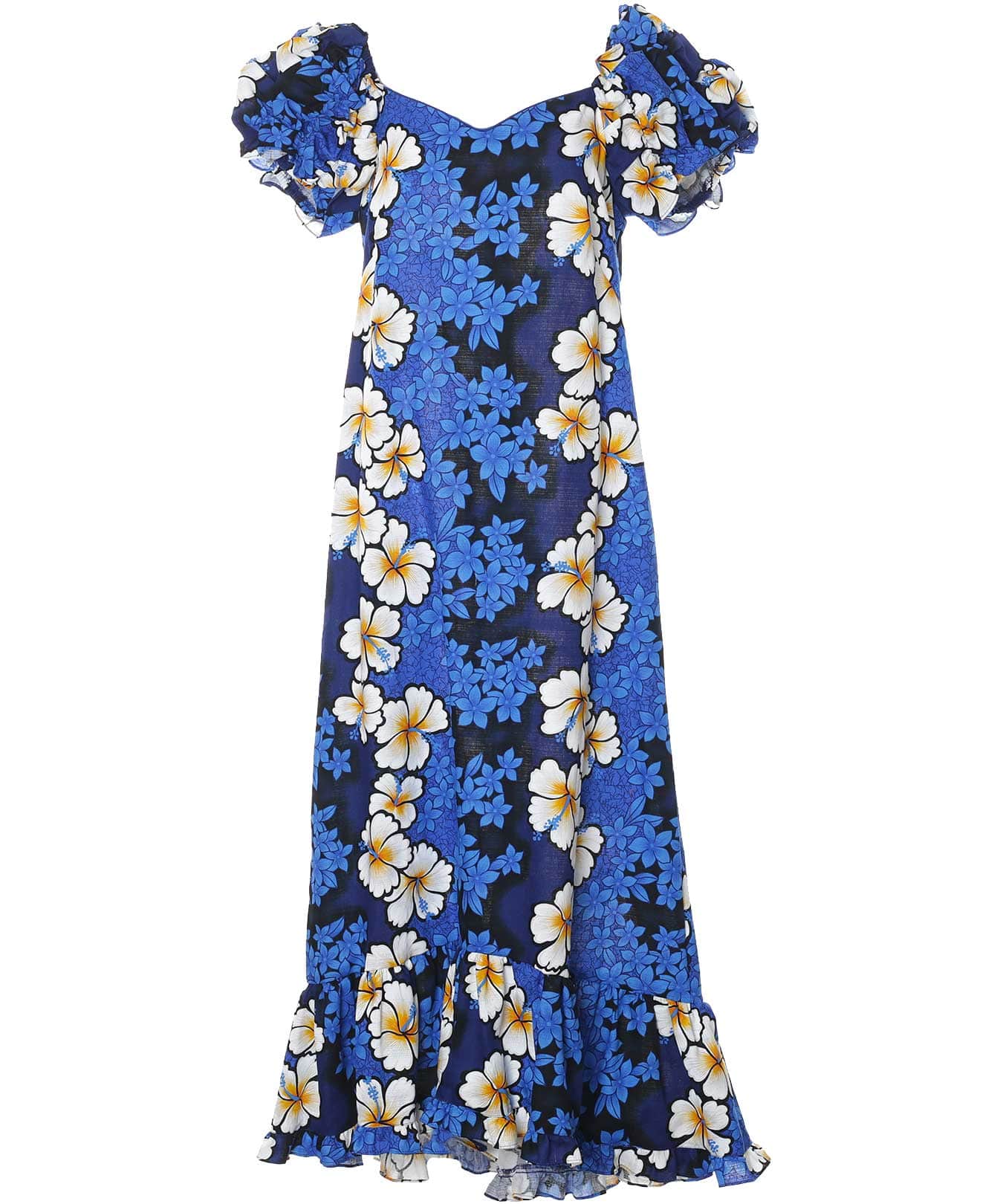 Long Muumuu Dress Royal Hibiscus with Sleeves Royal / M