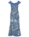 Long Muumuu Ruffle Dress Flower Lei Hibiscus Panel Blue