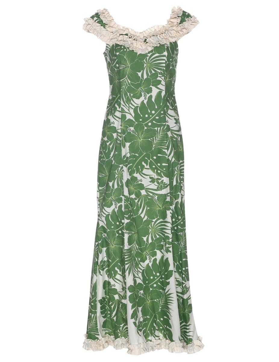 Long Muumuu Ruffle Dress Flower Lei Hibiscus Panel Green / 2XL Long Muumuu Ruffle Dress Flower Lei Hibiscus Panel Green / 2XL