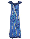 Long Ruffled Muumuu Dress Ilima Flower Lei Blue