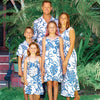Beautiful with and blue Makena design rayon fabric family matching made in Hawaii