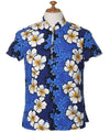 Mandarin Collar Royal Hibiscus Blouse with Cap Sleeves Royal