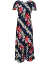 Plumeria Orchid Panel Maxi Hawaiian Dress Cap Sleeves Navy