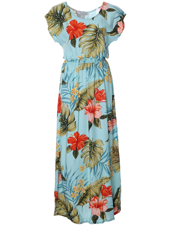 Full Length Dress Cap Sleeves Waipio Hibiscus Aqua KY