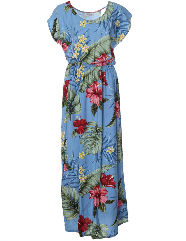 Full Length Dress Cap Sleeves Waipio Hibiscus Blue KY