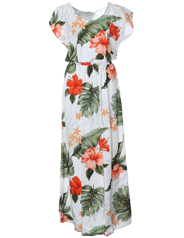 Full Length Dress Cap Sleeves Waipio Hibiscus White KY