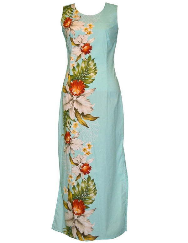 Maxi Long Dress Orchids Koloa Aloha Aqua KY