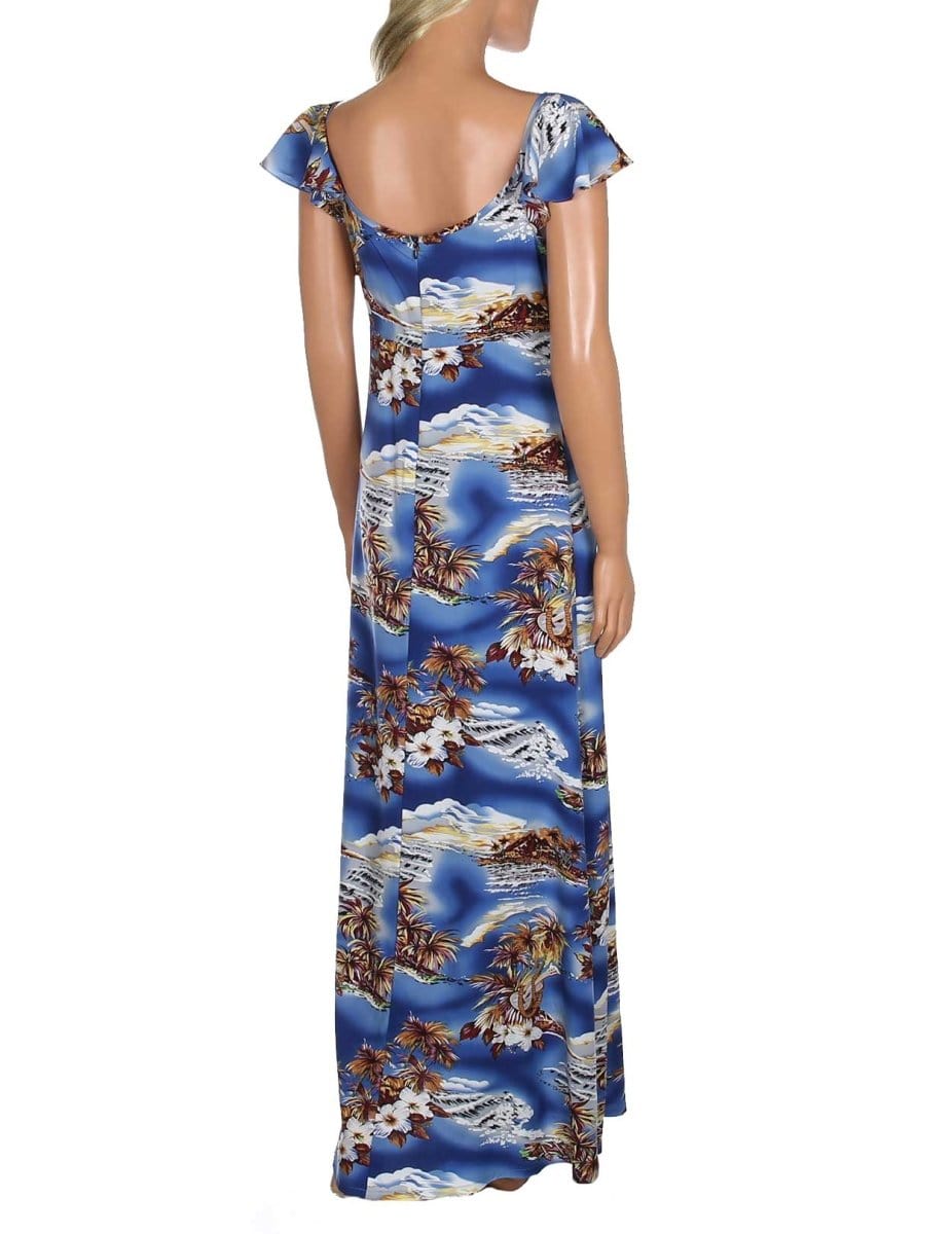 Maxi Long Empire Dress Flutter Sleeve Blue Hawaii Blue / S Maxi Long Empire Dress Flutter Sleeve Blue Hawaii Blue / S