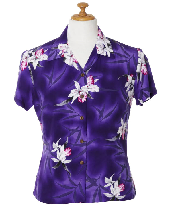 Midnight Orchid Hawaiian Fitted Blouse Purple