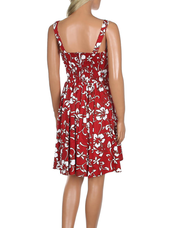 Short Sundress Smock Back Classic Hibiscus Pareo Red Hilo Hattie