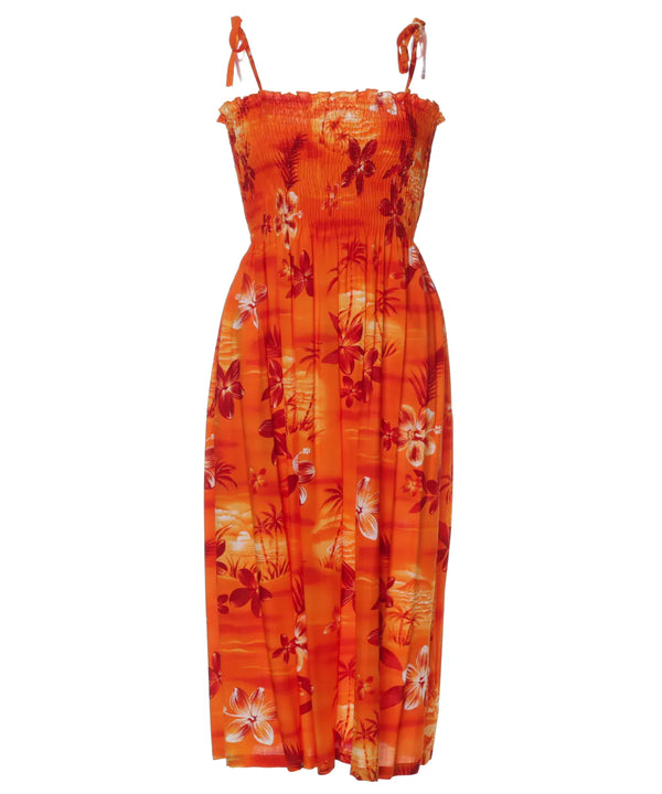 Midi Hawaiian Dress Smock Elastic Top Moonlight Scenic Orange Fits XS to XL (2-16)