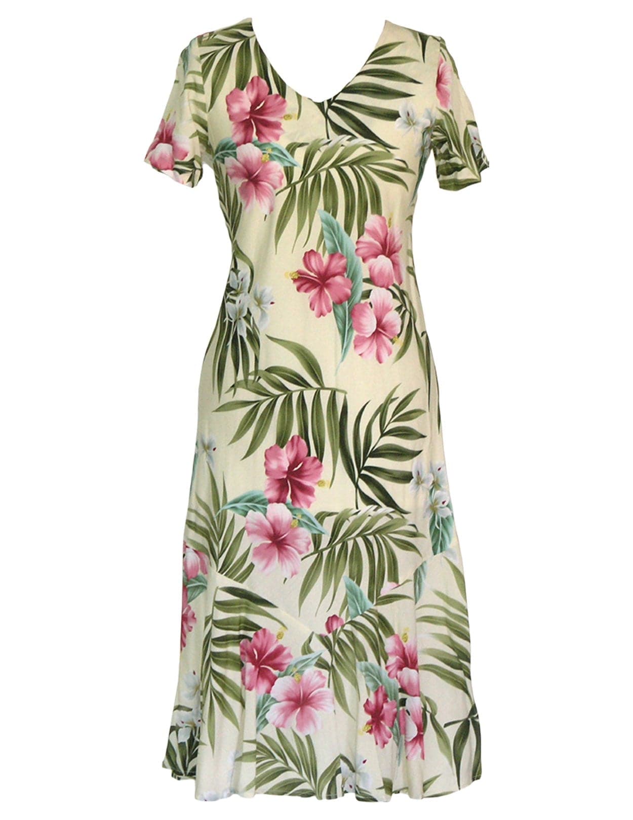 Nalani Long Rayon Hawaiian Dress Maxi V-Neck Tea Length Beige / S Nalani Long Rayon Hawaiian Dress Maxi V-Neck Tea Length Beige / S