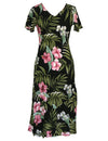 Nalani Long Rayon Hawaiian Dress Maxi V-Neck Tea Length
