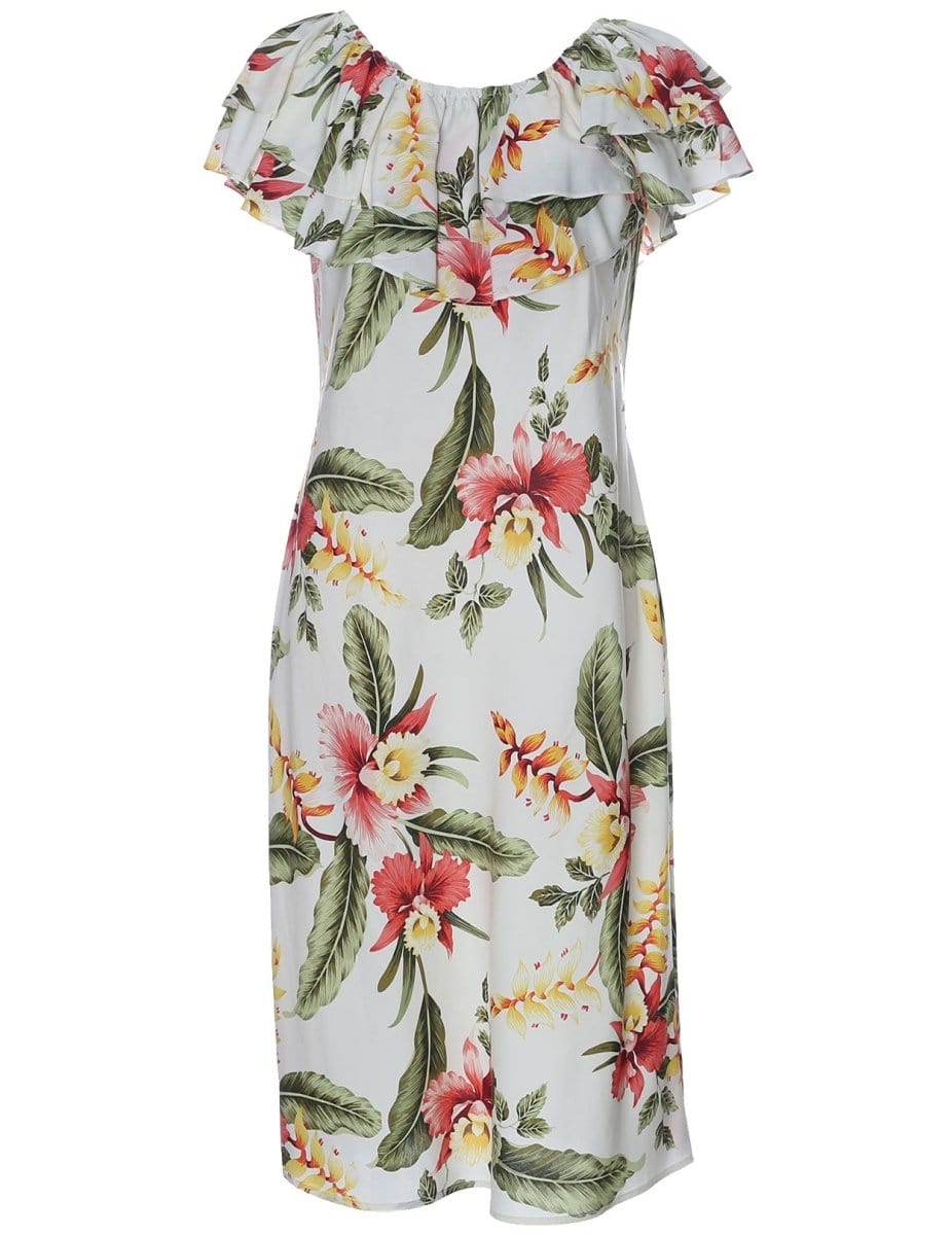 Off Shoulder Short Hawaiian Dress Orchid Pua Beige / XL