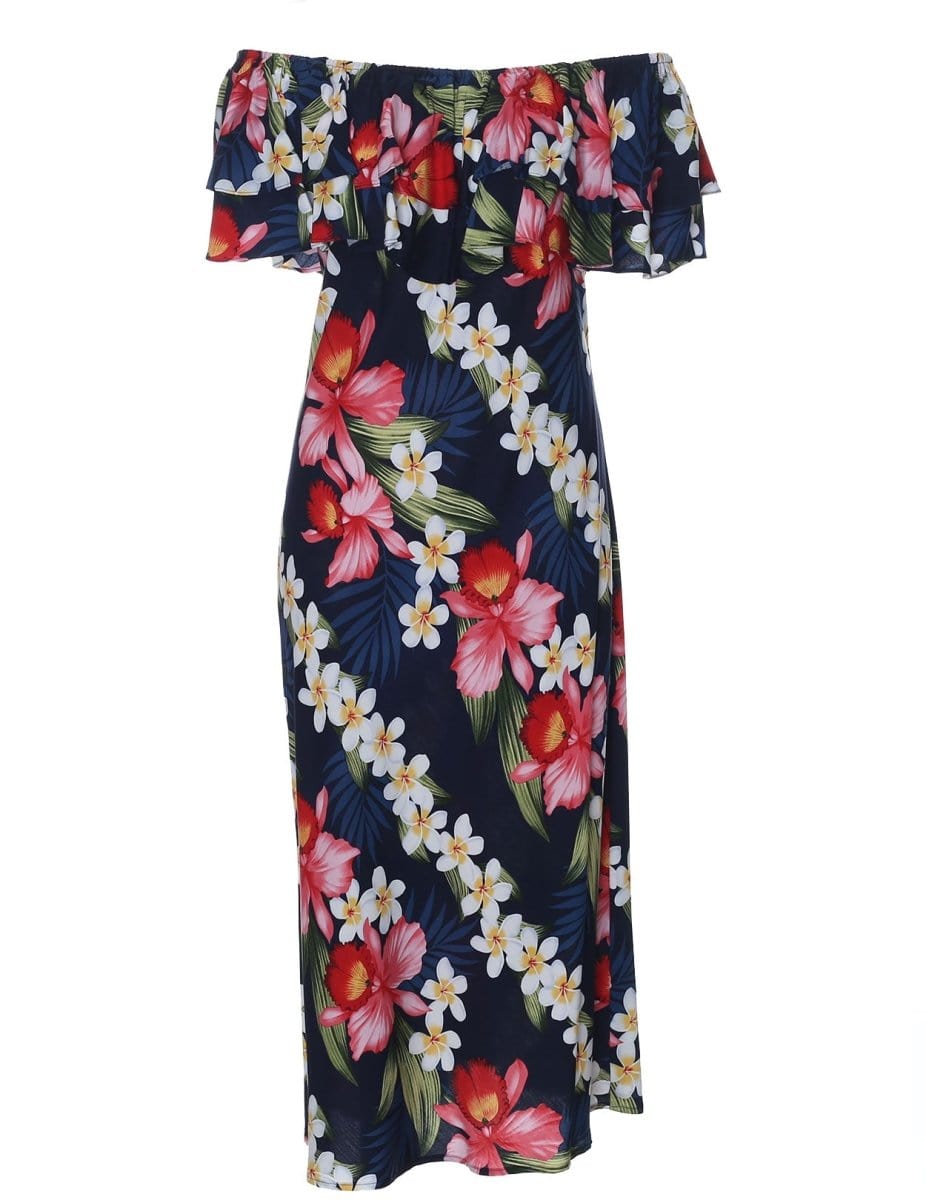 Plumeria Orchid Panel Off Shoulder Short Hawaiian Dress Navy / S Plumeria Orchid Panel Off Shoulder Short Hawaiian Dress Navy / S