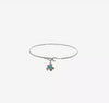 Sterling Silver Polished and Antiqued Thin Dangle Blue Crystal Turtle Hook Bangle