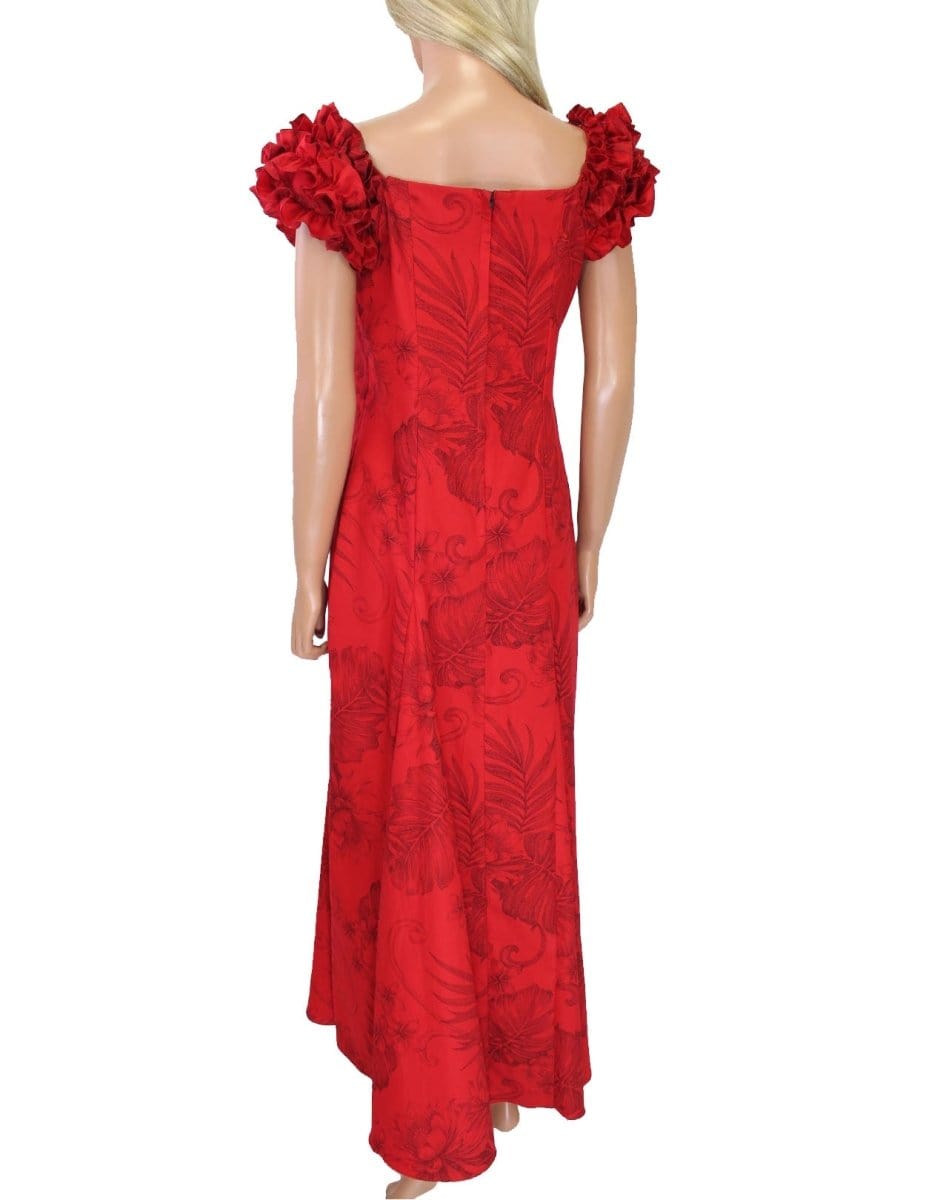Red Long Ruffle Muumuu Dress Monstera Ceres Red / 2XL Red Long Ruffle Muumuu Dress Monstera Ceres Red / 2XL