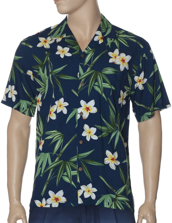 Resort Rayon Aloha Shirt Bamboo Navy Two Palms