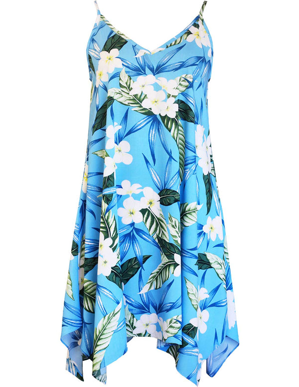 Hawaiian Short Dress Plumeria Maile with Scarf Hem Sky Blue