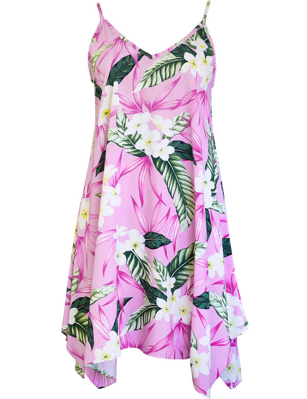 Hawaiian Short Dress Plumeria Maile with Scarf Hem Pink