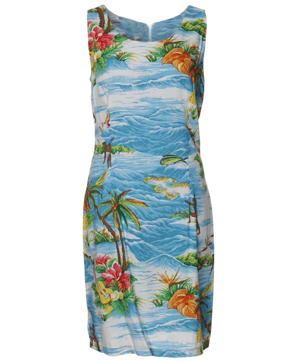 Sheath Short Hawaiian Dress Ocean Light Blue / S Sheath Short Hawaiian Dress Ocean Light Blue / S