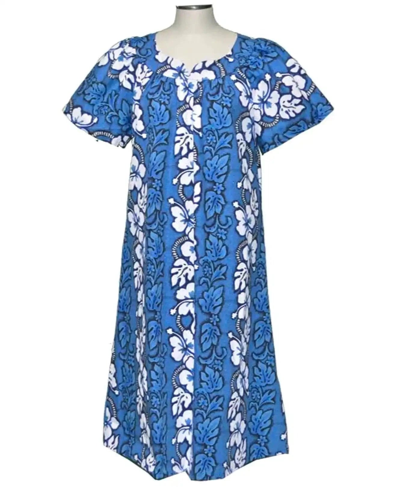 Short Muumuu Hawaiian Dress Hibiscus Leis Blue / XL Short Muumuu Hawaiian Dress Hibiscus Leis Blue / XL