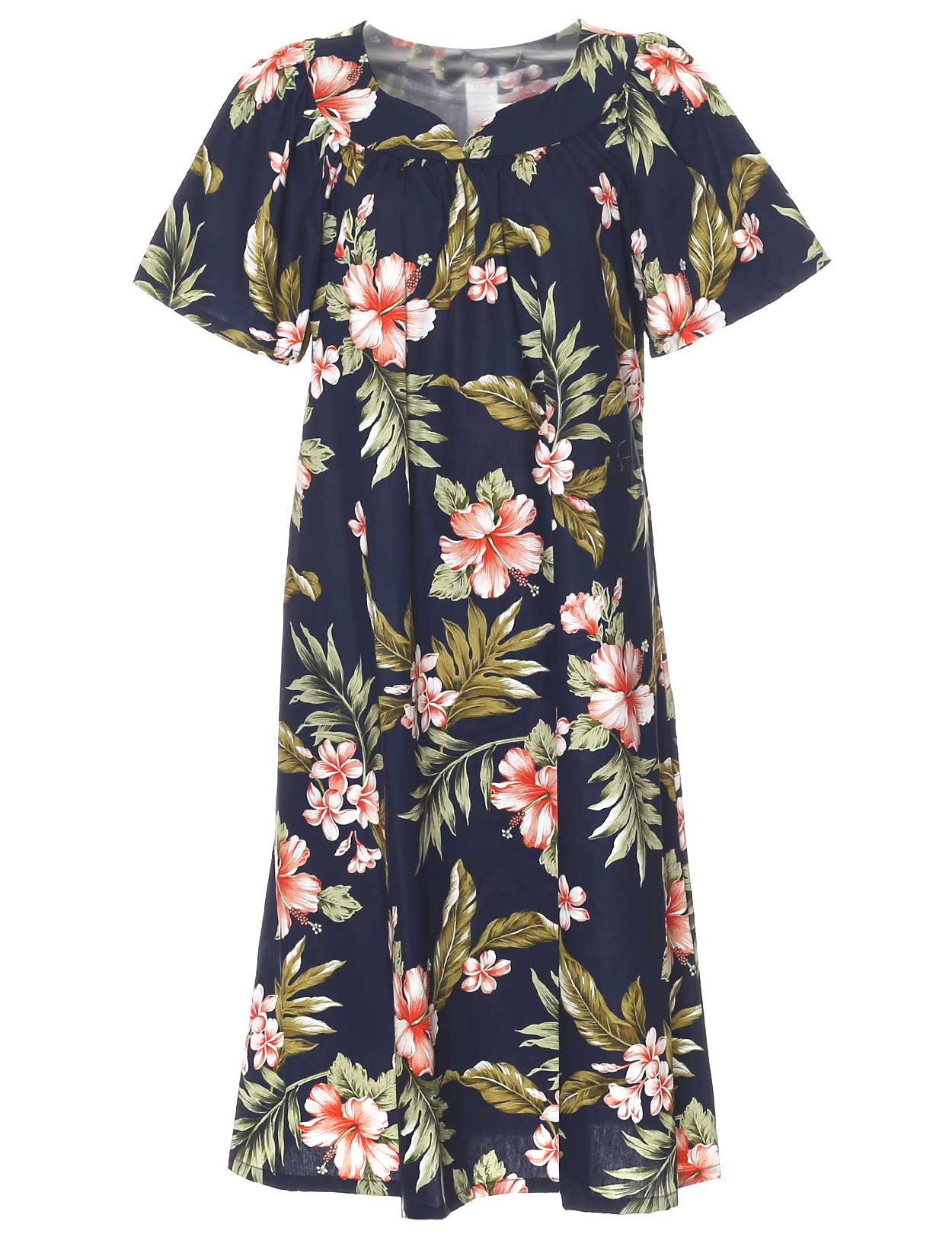 Kahua Plumeria Short Hawaiian Muumuu Dress Navy-Coral / 3XL