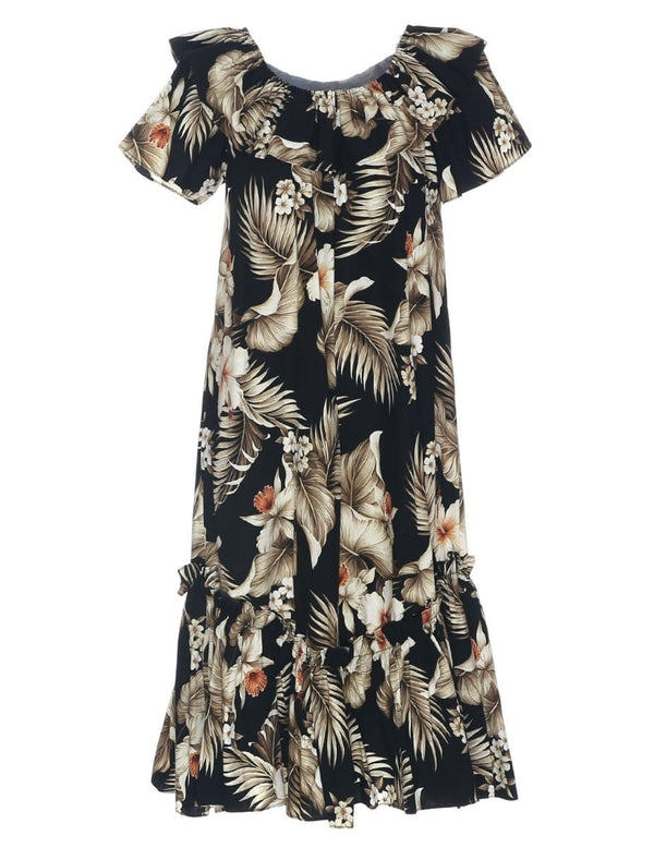 Short Muumuu Dress Kekoa with Elastic Bustline Black