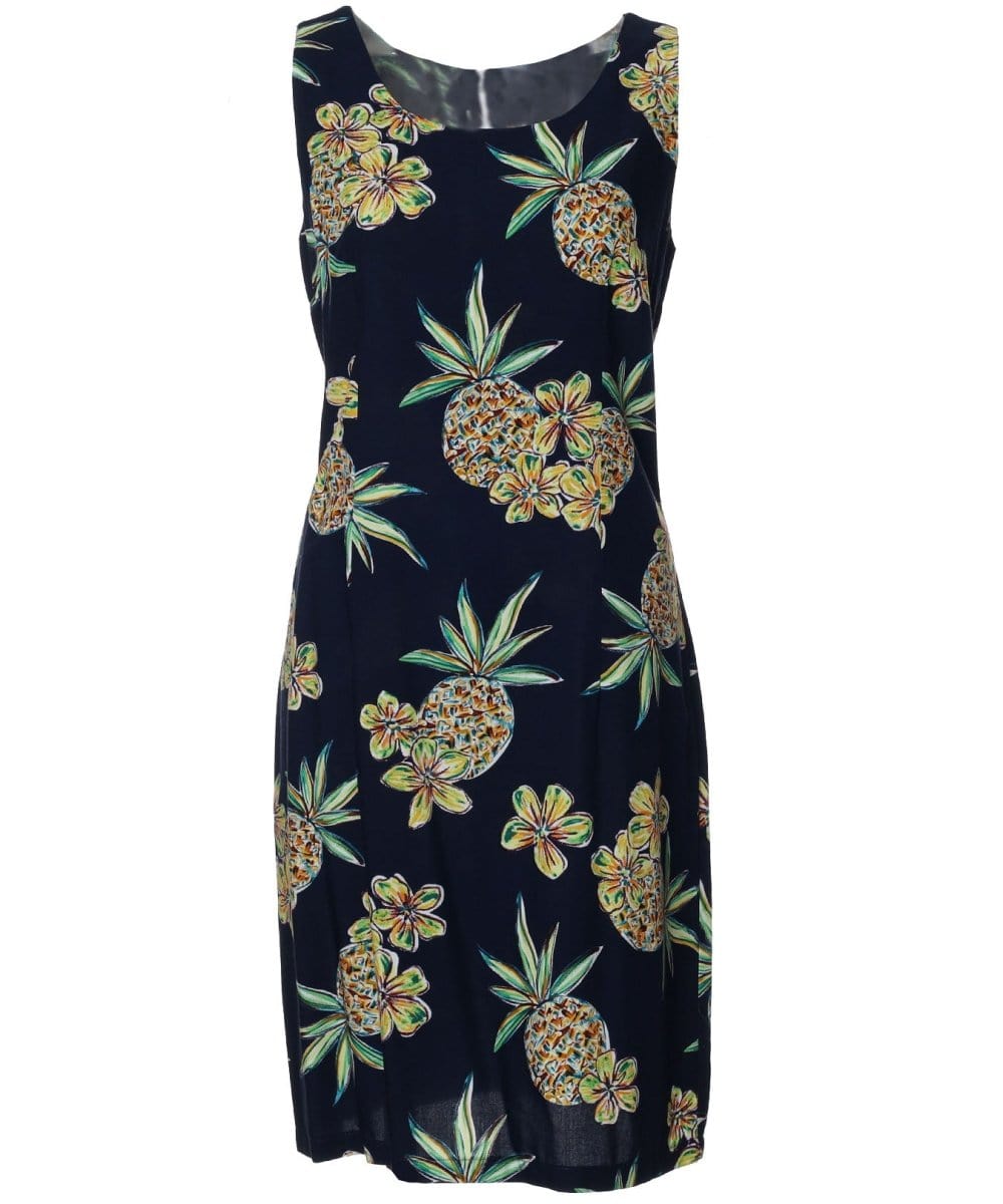 Short Sheath Dress Sleeveless Golden Pineapples Navy / M Short Sheath Dress Sleeveless Golden Pineapples Navy / M