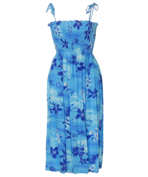 Midi Hawaiian Dress Smock Elastic Top Moonlight Scenic Blue Fits XS to XL (2-16)