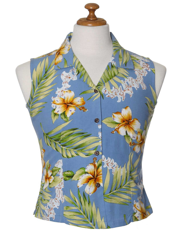 Sleeveless Blue Women's Blouse Tuberose Flowers Blue