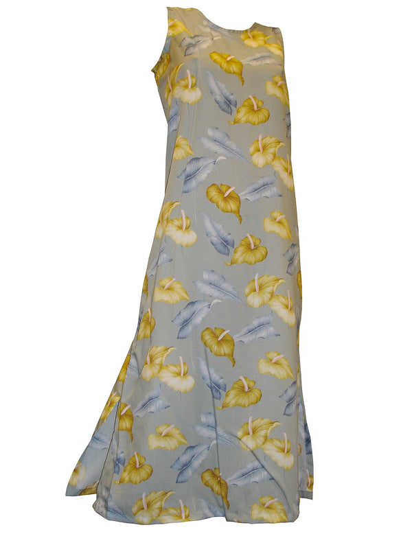 Ankle Length Anthurium Garden Sleeveless Hawaiian Dress Silver Paradise Found