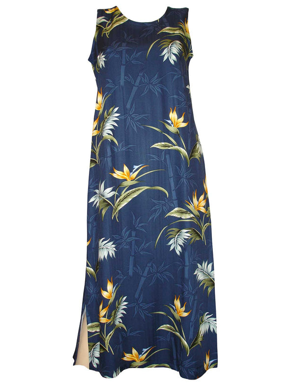 Sleeveless Hawaiian Dress Ankle Length Bamboo Paradise Navy