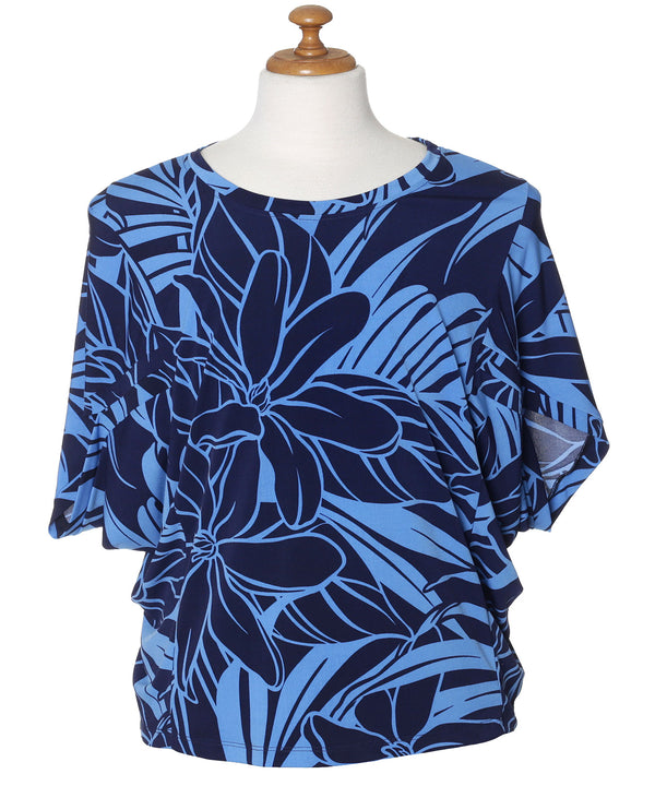 PLUMERIA TIARE Dolman Sleeve Slit Hawaiian Blouse Top Navy Mae Young Designs