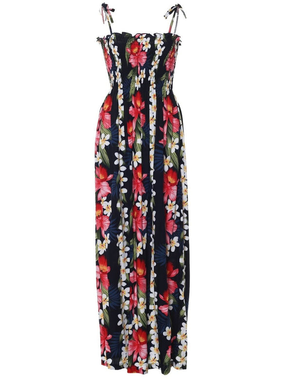 Smock Top Maxi Hawaiian Dress Plumeria Orchid Panel Navy Fits XS to XL (2-16) Two Palms